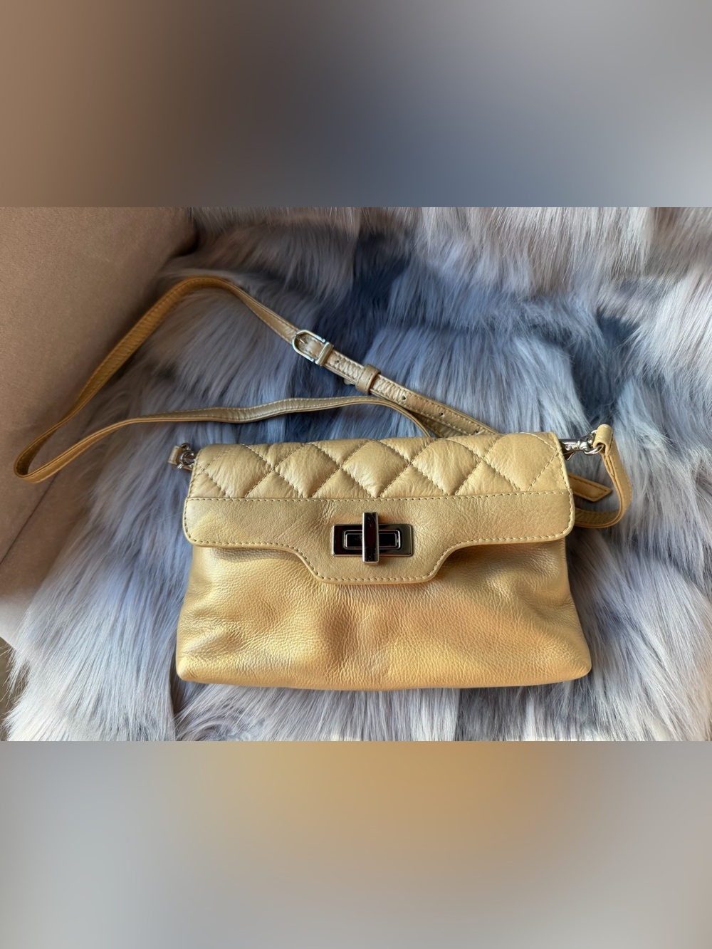 ili New York Gold Leather Quilted Turn-Lock Crossbody Clutch